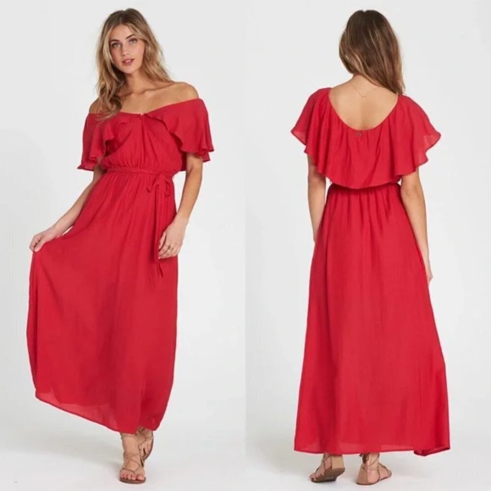 Billabong Dance All Night Knit Maxi Dress Flutter Sleeve Bright Pink Fuschia